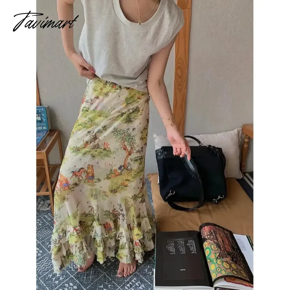 TAVIMART  Japanese Cartoon Printing Cute Mesh Mid-length Skirt Women Summer New High Waist All Match Casual Pleated A-line Skirt