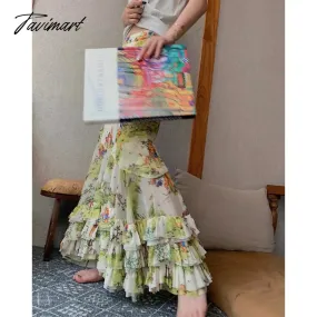 TAVIMART  Japanese Cartoon Printing Cute Mesh Mid-length Skirt Women Summer New High Waist All Match Casual Pleated A-line Skirt