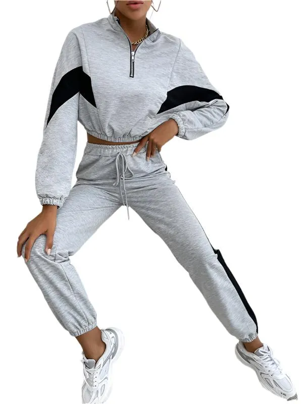 TEEK - Grey Two-Piece Color Block Crop Sweatshirt Suit