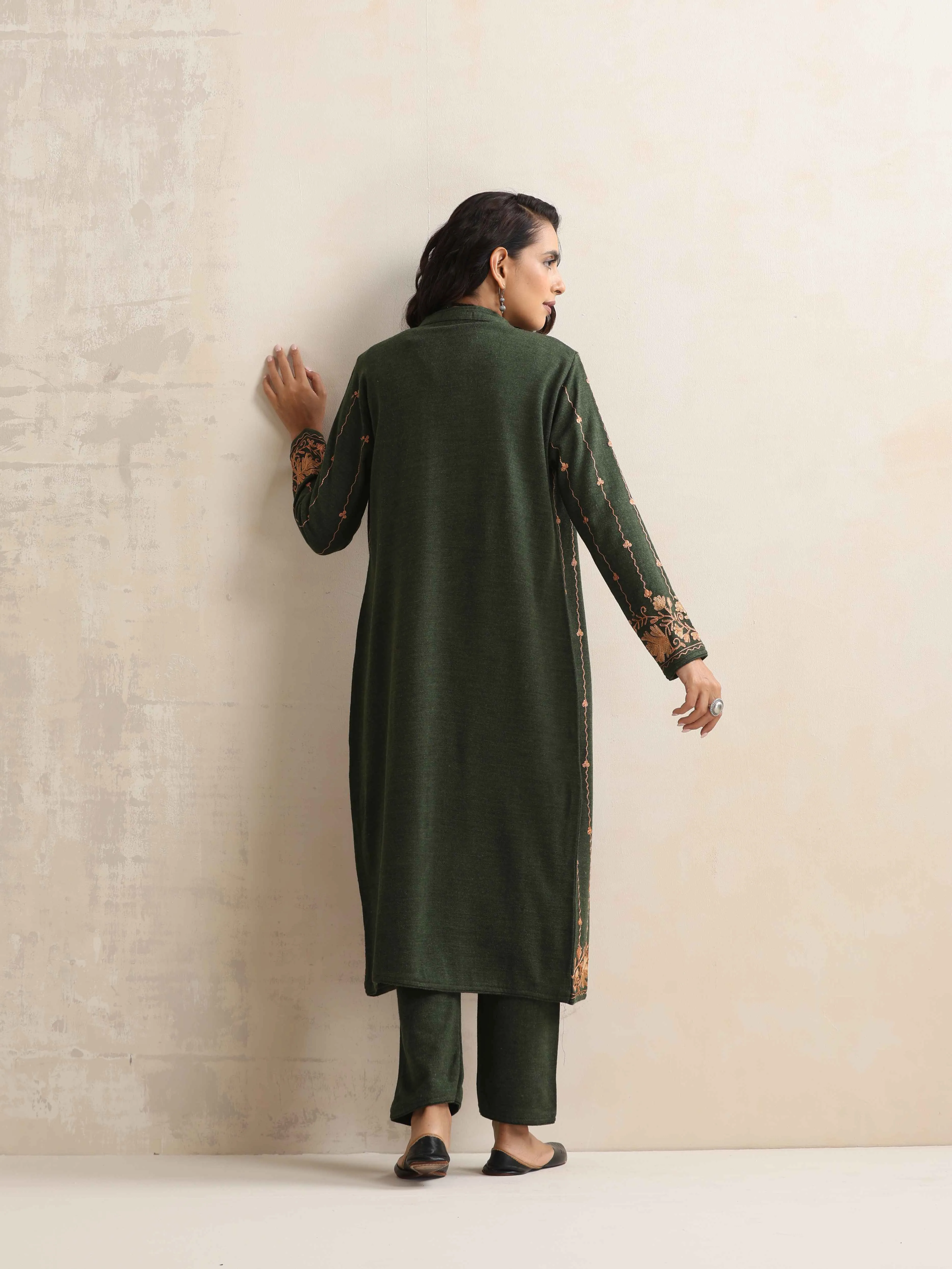 trueBrowns Green Kashmiri Woollen Jacket 3pc Set