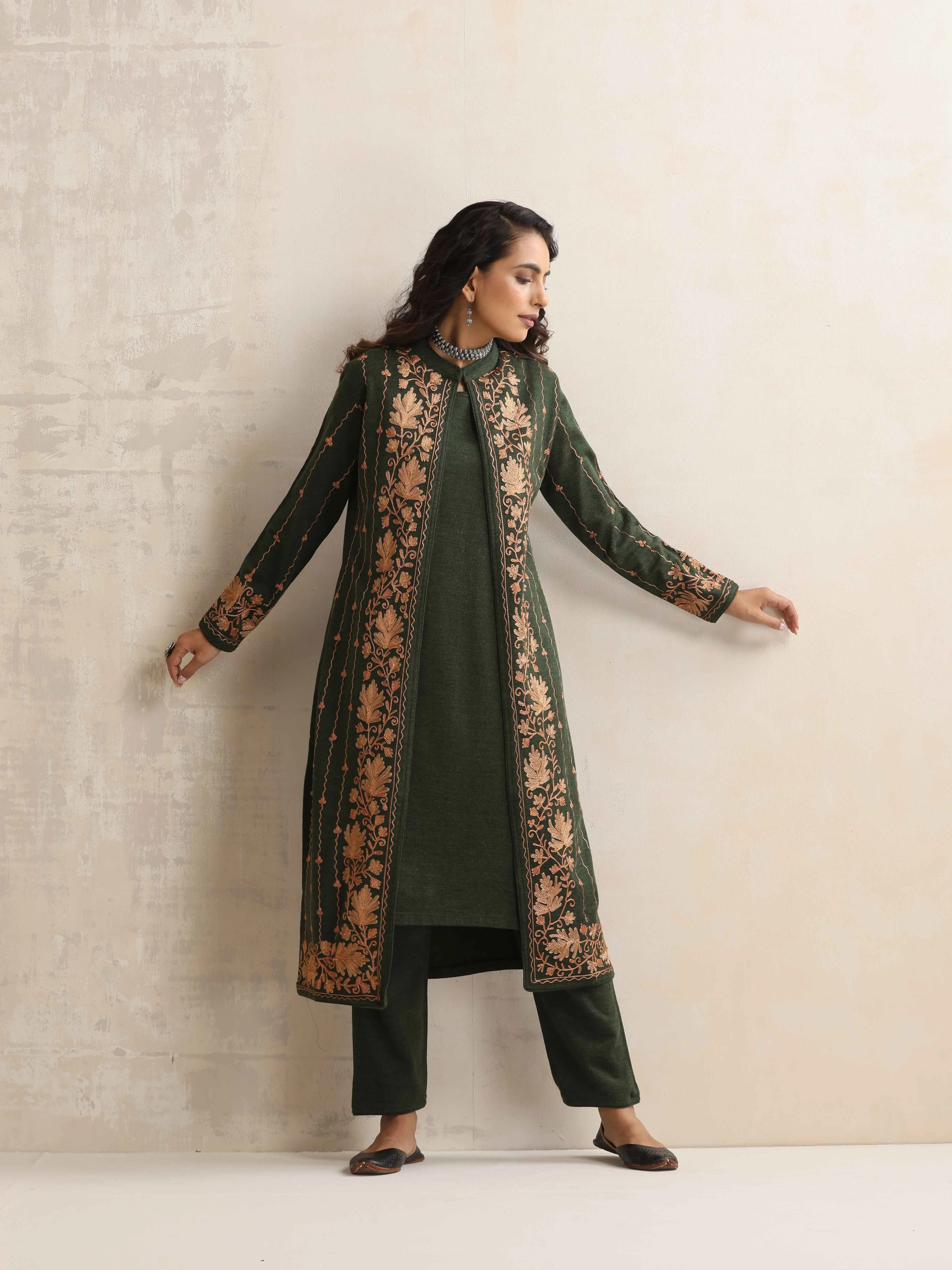 trueBrowns Green Kashmiri Woollen Jacket 3pc Set