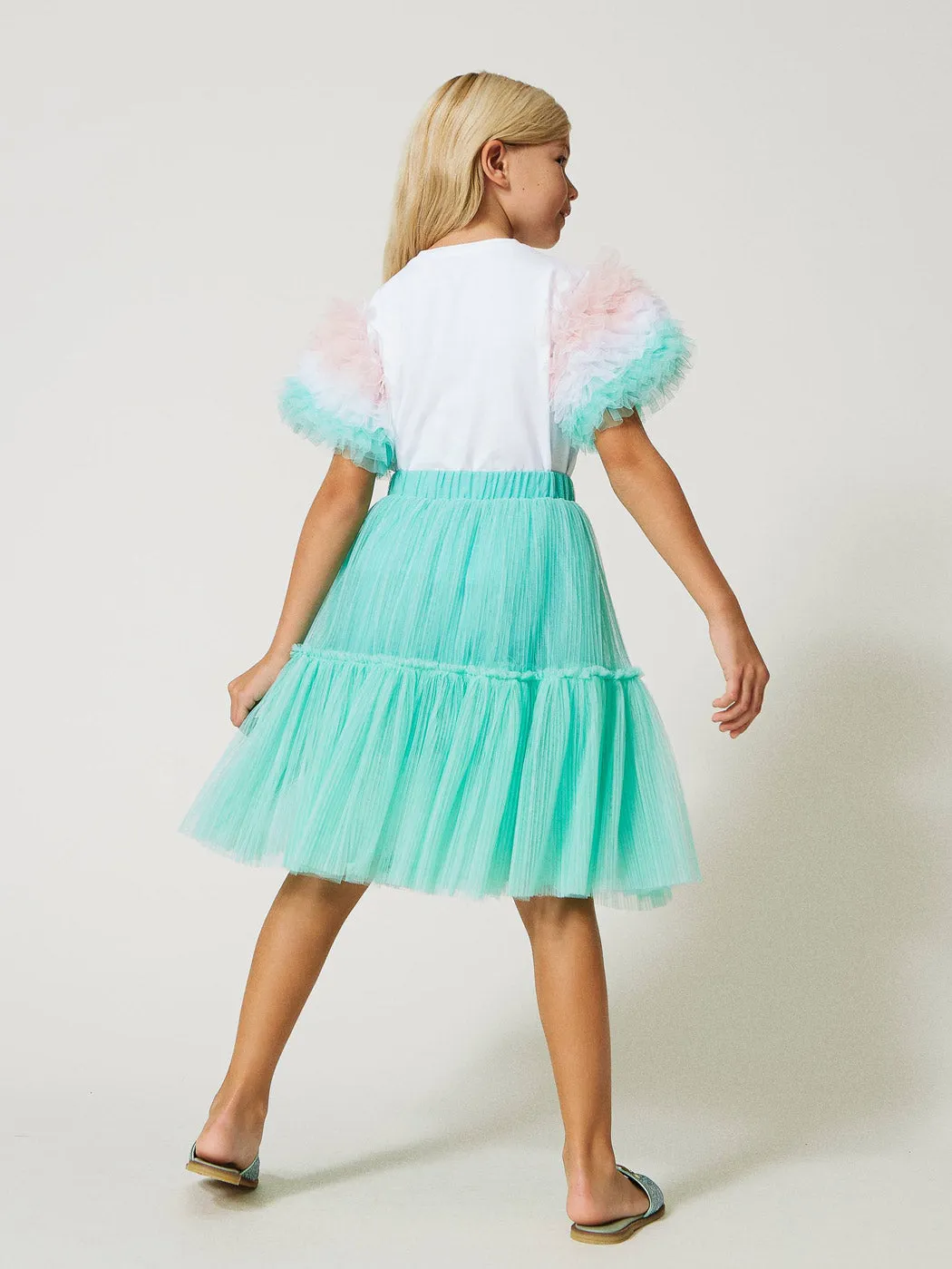 TWINSET Girl's Pleated tulle skirt with flounce-green-231GJ2Q94