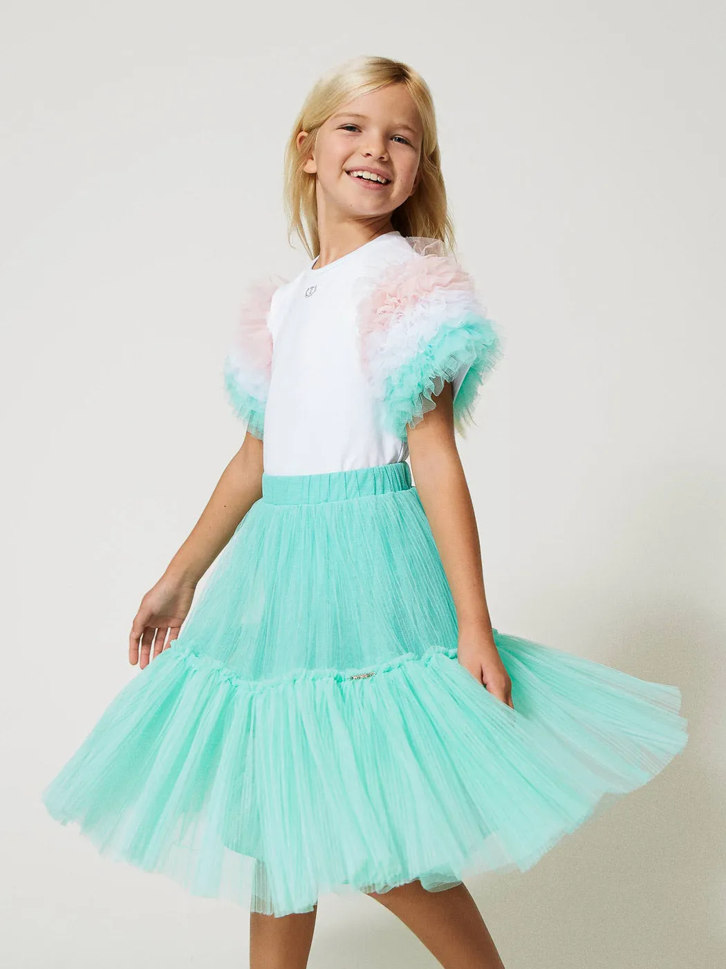 TWINSET Girl's Pleated tulle skirt with flounce-green-231GJ2Q94