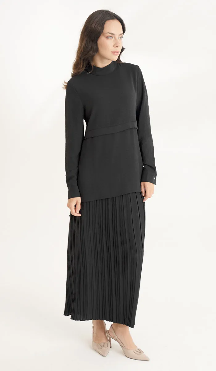 Valia Pleated Long Maxi Skirt - Black