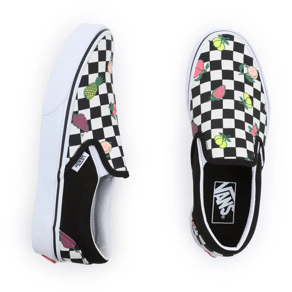 Vans Unisex Classic Slip On Fruit Checkerboard Shoes - Black / White