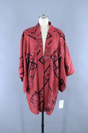 Vintage 1940s Silk Haori Kimono Jacket / Red & Black Floral Raw Silk