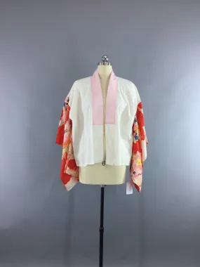 Vintage 1960s Kimono Jacket Haori Cardigan  White Cotton Han-Juban