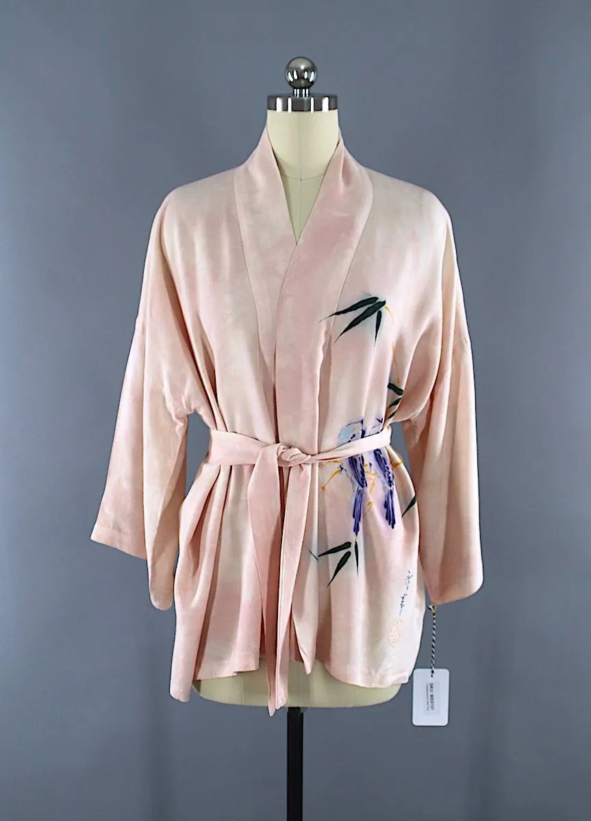 Vintage 1980s Kimono Jacket Cardigan / Blue Love Birds