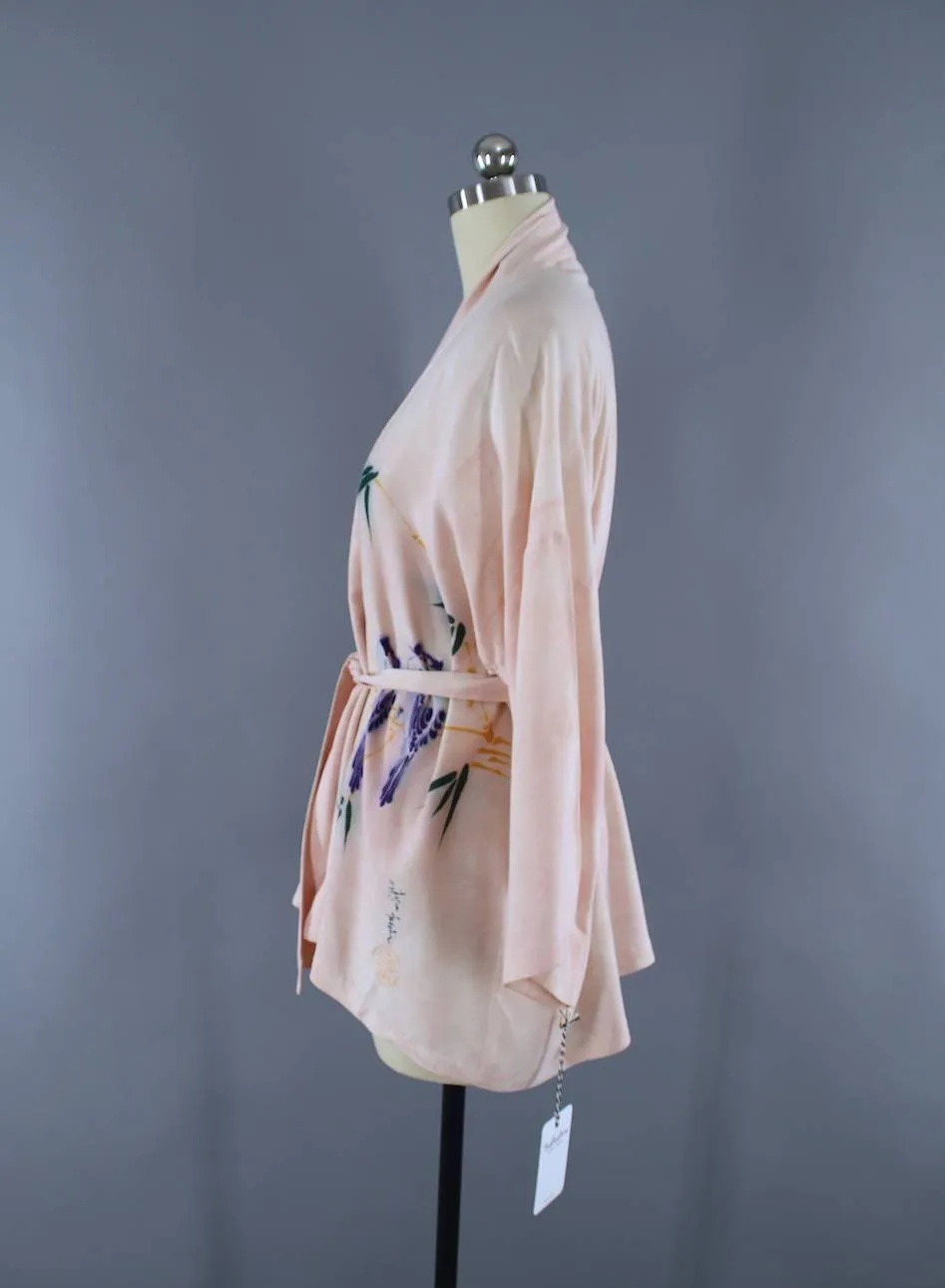 Vintage 1980s Kimono Jacket Cardigan / Blue Love Birds