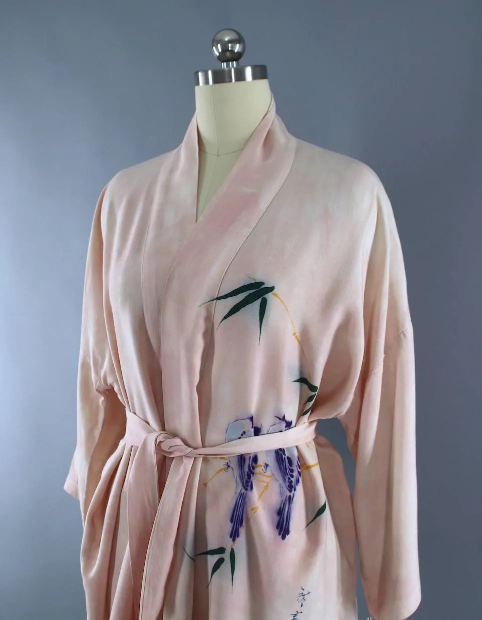 Vintage 1980s Kimono Jacket Cardigan / Blue Love Birds