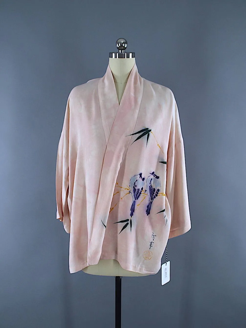 Vintage 1980s Kimono Jacket Cardigan / Blue Love Birds