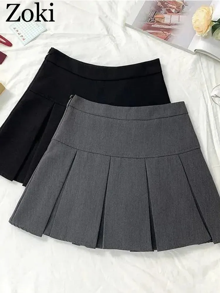 Vintage Gray Pleated Skirt Women Kawaii High Waist Mini Skirts Korean Fashion School Uniform Harajuku Streetwear Spring