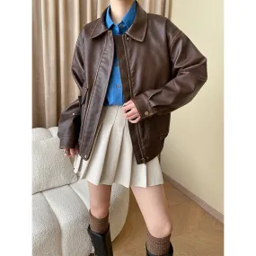 Vintage Loose Leather Jacket Coat (MS061)