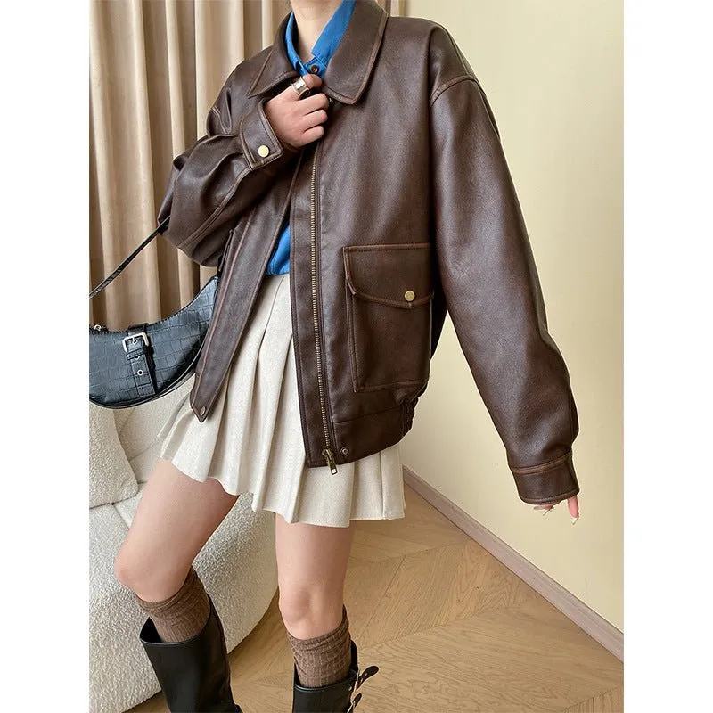 Vintage Loose Leather Jacket Coat (MS061)