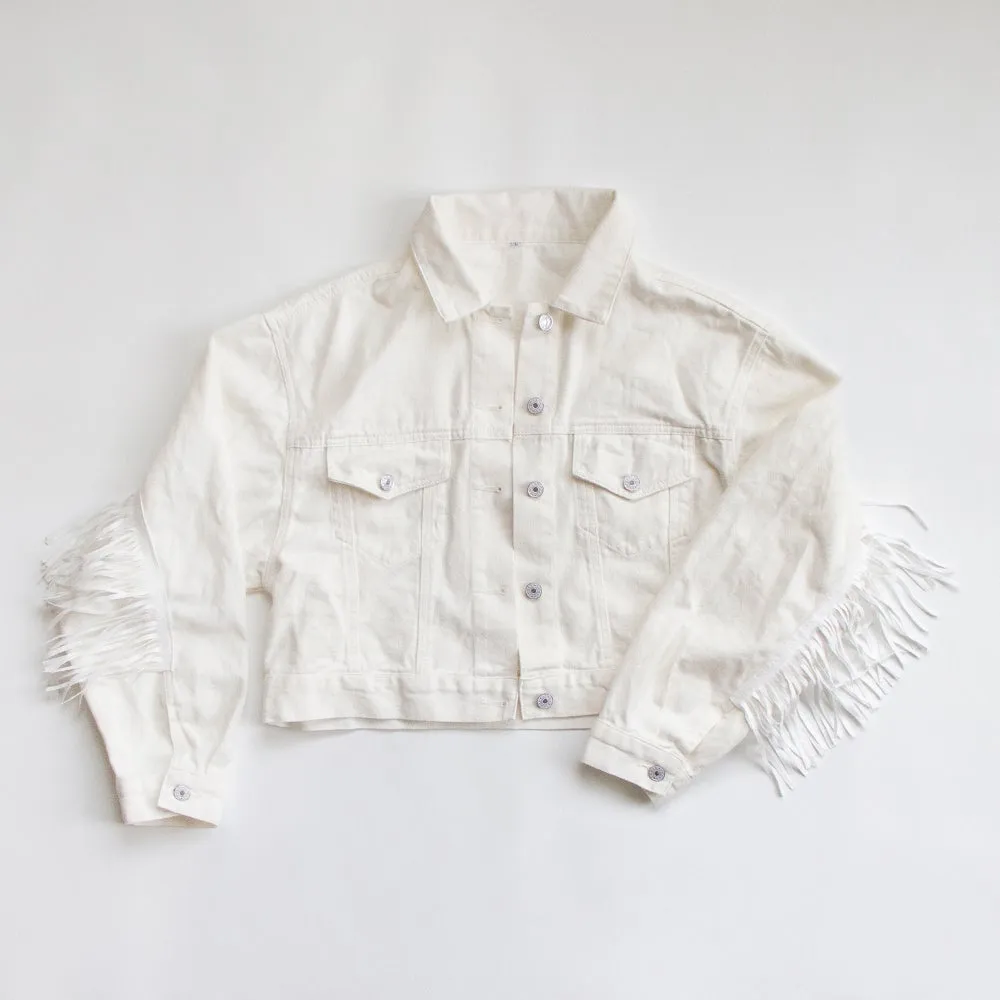 (White Fringe) Custom White Fringe Jean Jacket