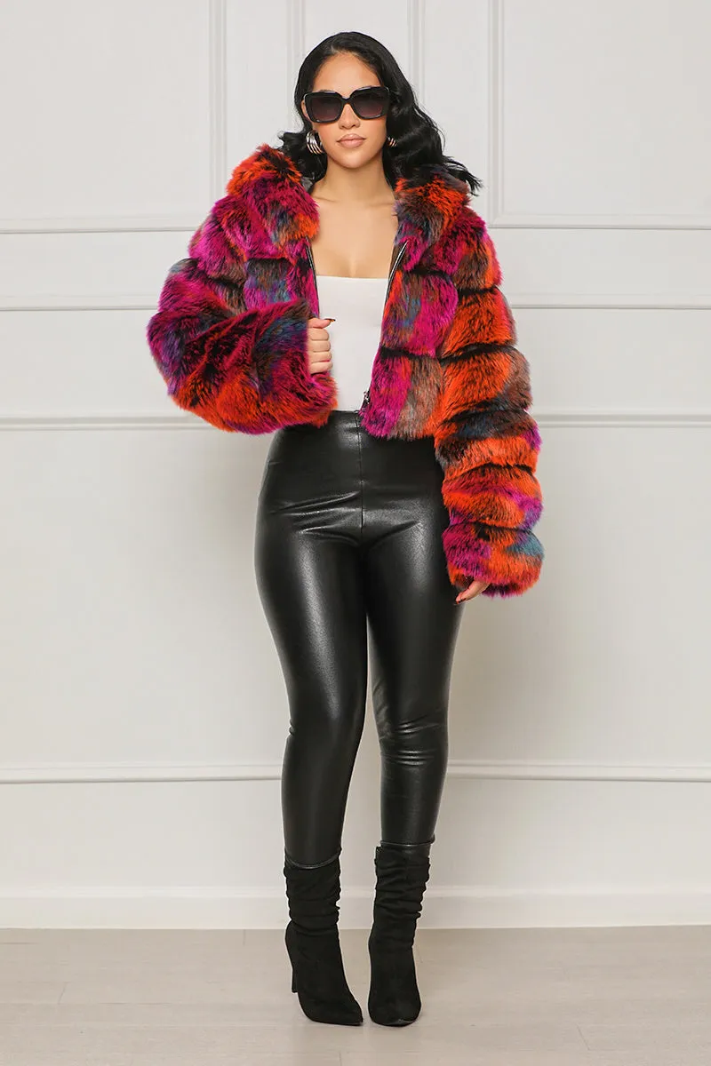 Wild Thing Hooded Faux Fur Coat (Purple Multi)