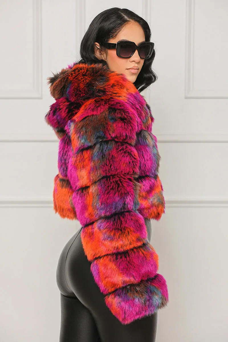 Wild Thing Hooded Faux Fur Coat (Purple Multi)