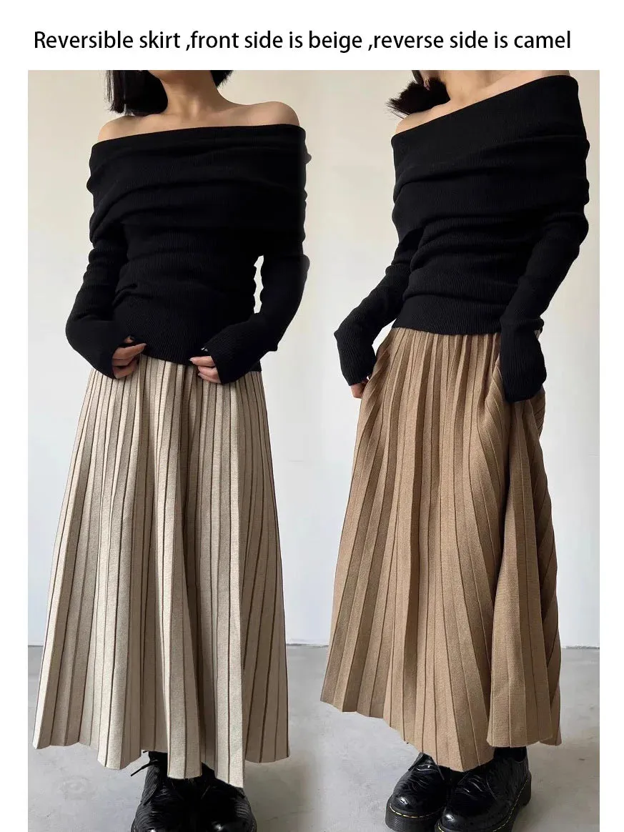 Winter Patchwork Pleated Skirt Reversible High Quality Knitted Long Wool Blended Women Skirt Striped Classic Fashion C-311