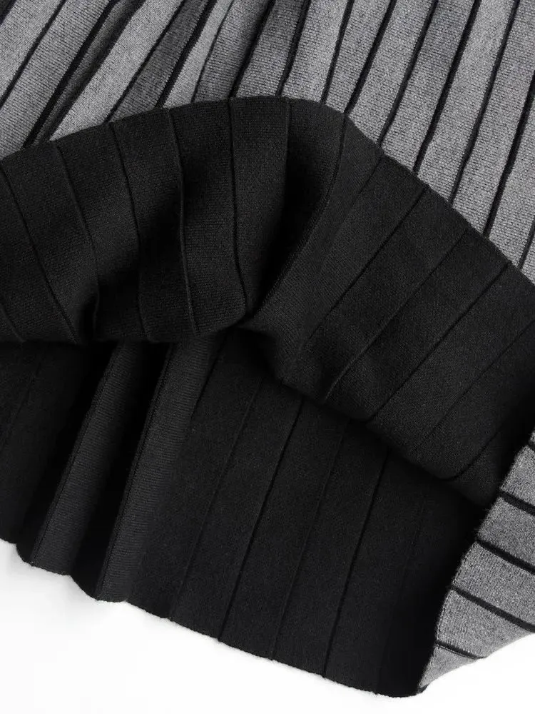 Winter Patchwork Pleated Skirt Reversible High Quality Knitted Long Wool Blended Women Skirt Striped Classic Fashion C-311