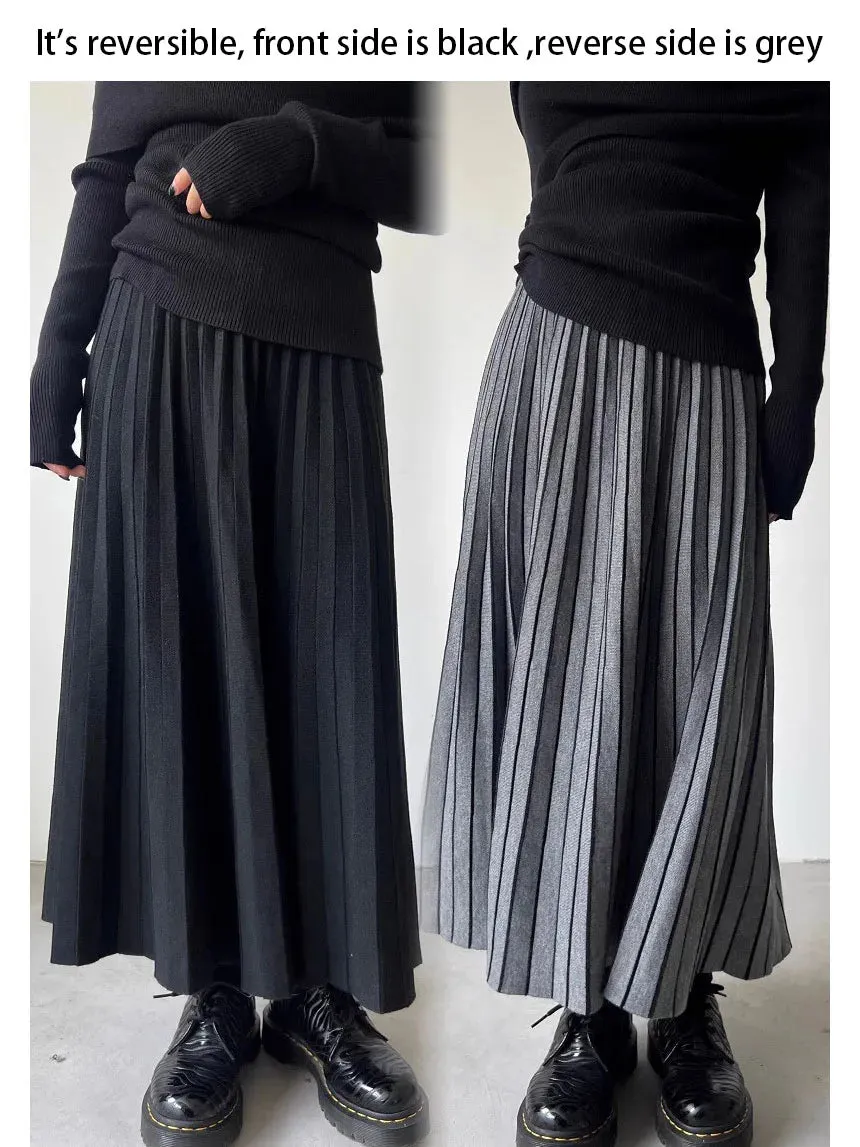 Winter Patchwork Pleated Skirt Reversible High Quality Knitted Long Wool Blended Women Skirt Striped Classic Fashion C-311