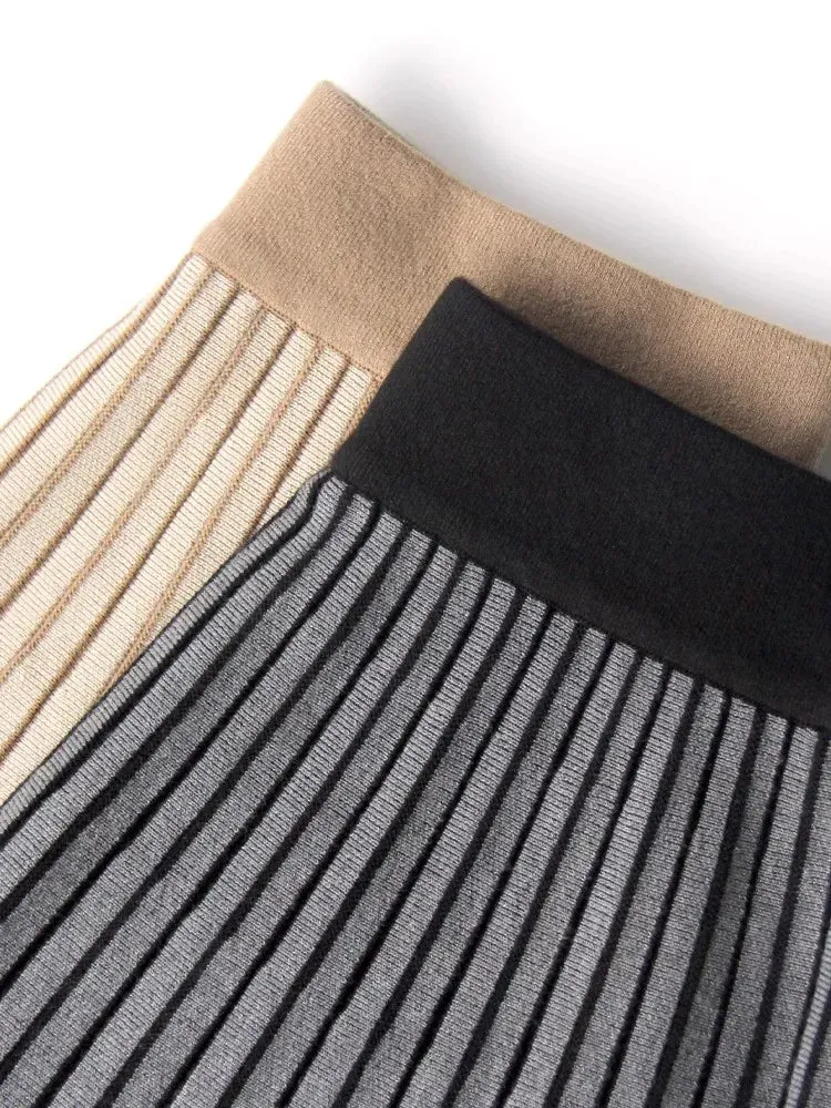 Winter Patchwork Pleated Skirt Reversible High Quality Knitted Long Wool Blended Women Skirt Striped Classic Fashion C-311