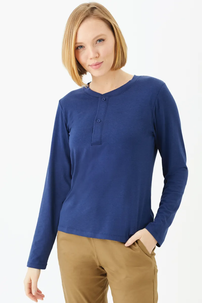 Women's Bamboo Cotton Long-Sleeve Henley Tee-All Sales Final