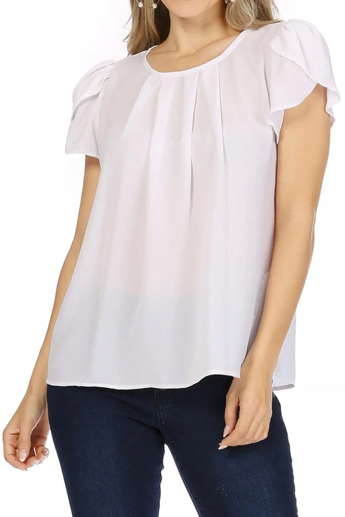 Women's Casual Solid Pleated Front Petal Cap Sleeve Round Neck Blouse