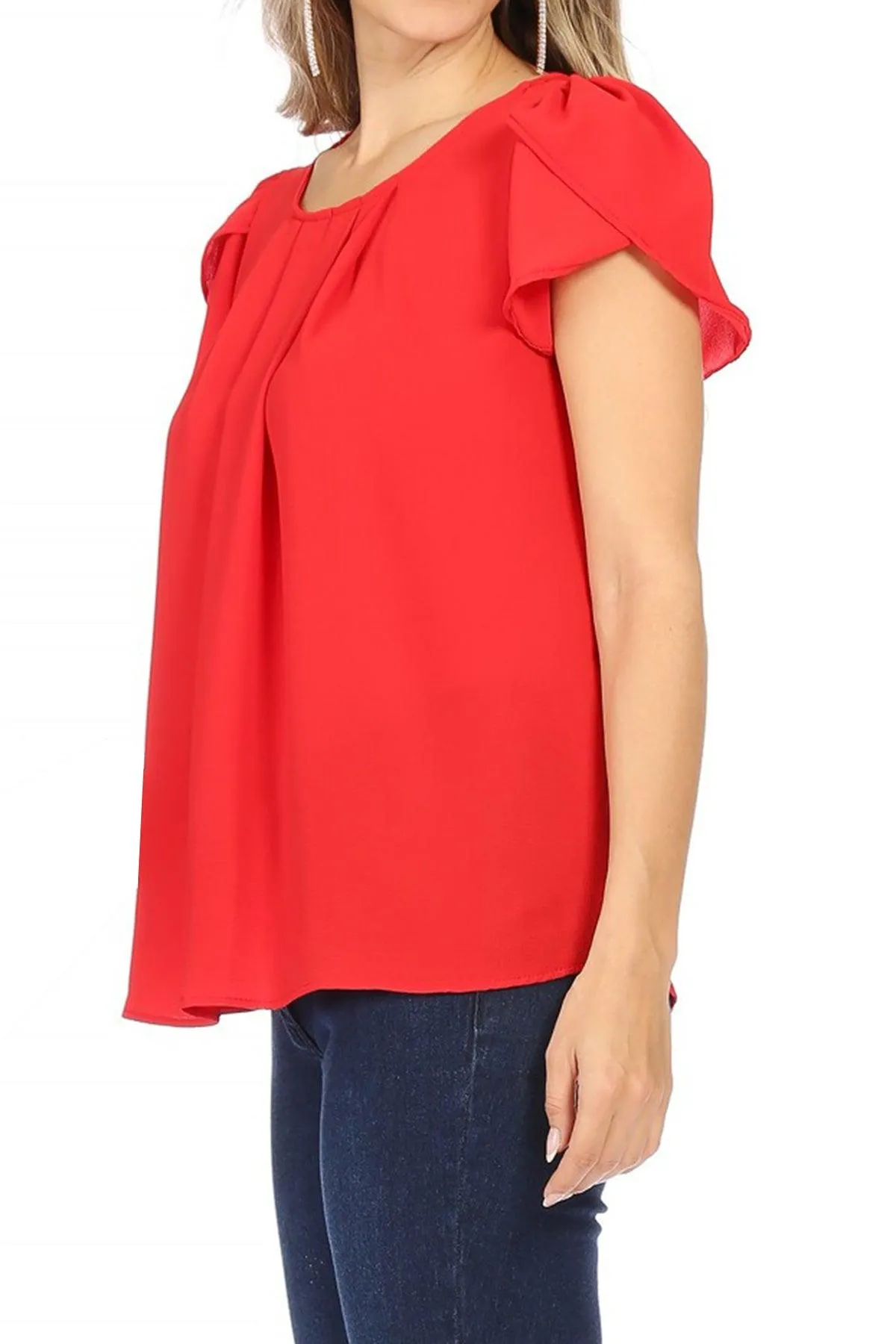 Women's Casual Solid Pleated Front Petal Cap Sleeve Round Neck Blouse