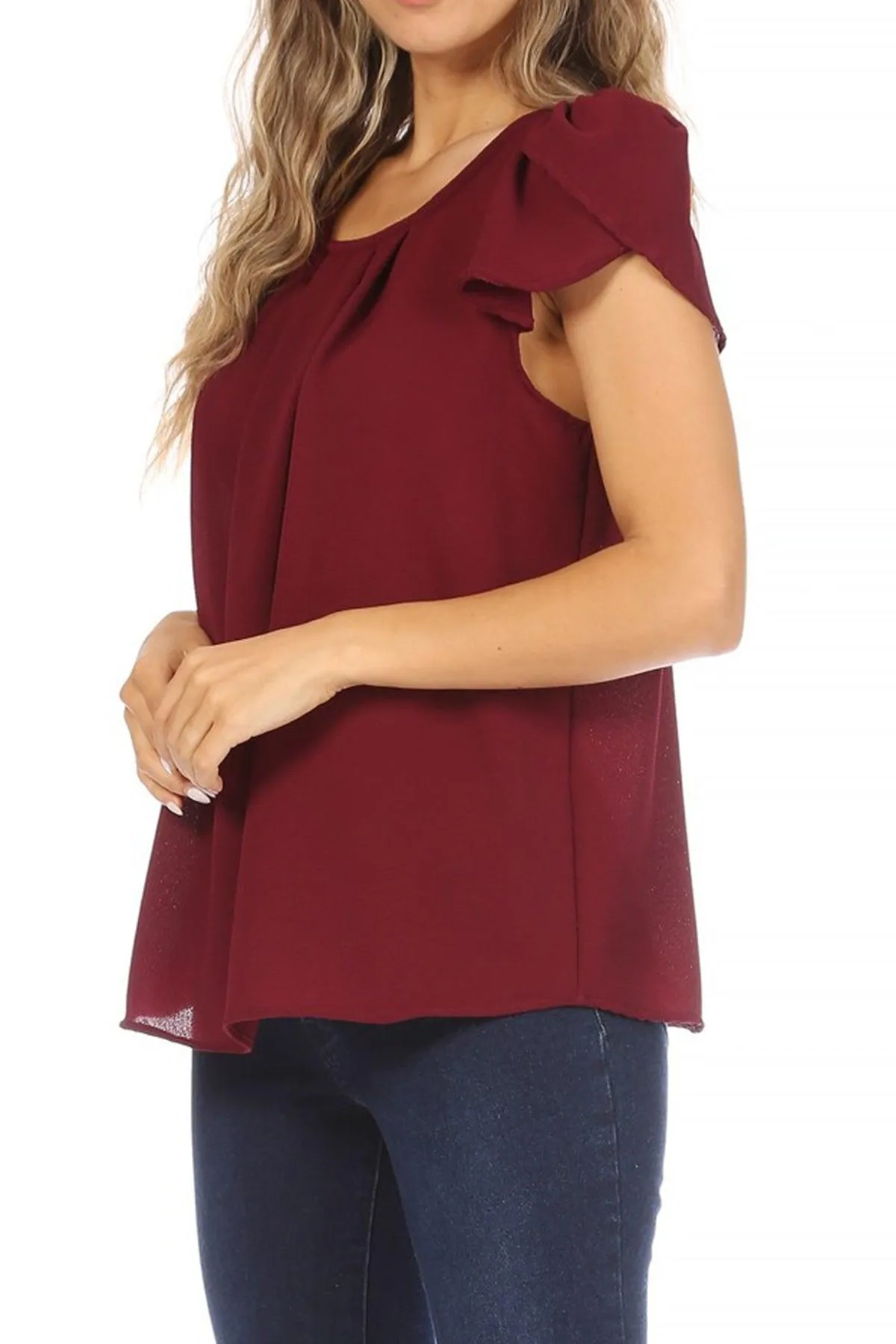 Women's Casual Solid Pleated Front Petal Cap Sleeve Round Neck Blouse