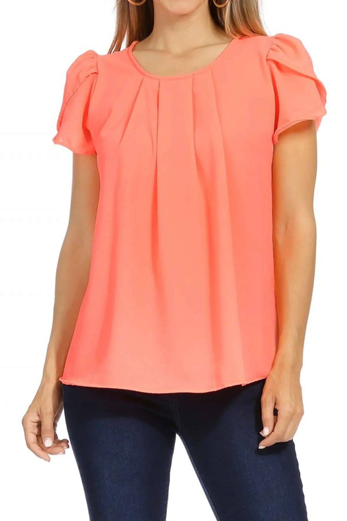 Women's Casual Solid Pleated Front Petal Cap Sleeve Round Neck Blouse