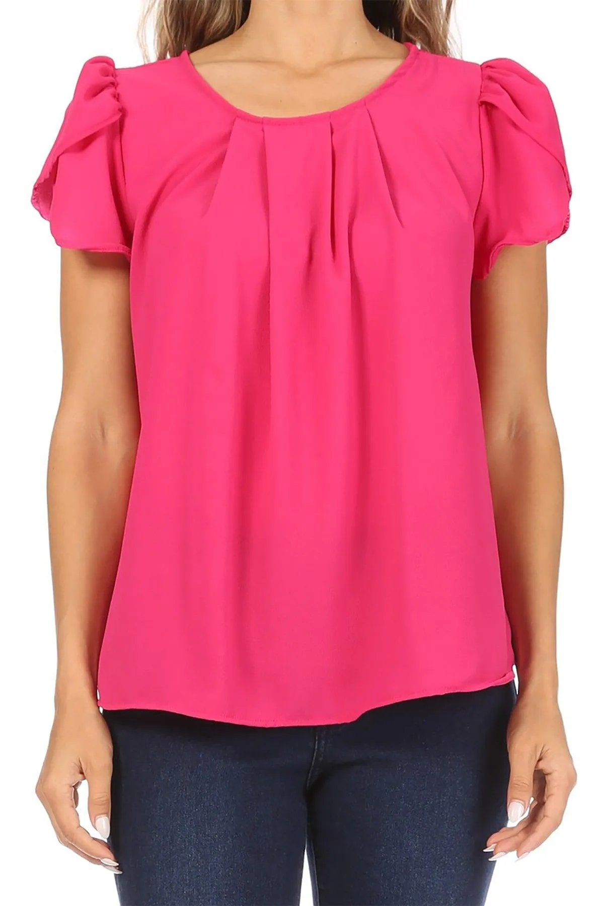 Women's Casual Solid Pleated Front Petal Cap Sleeve Round Neck Blouse