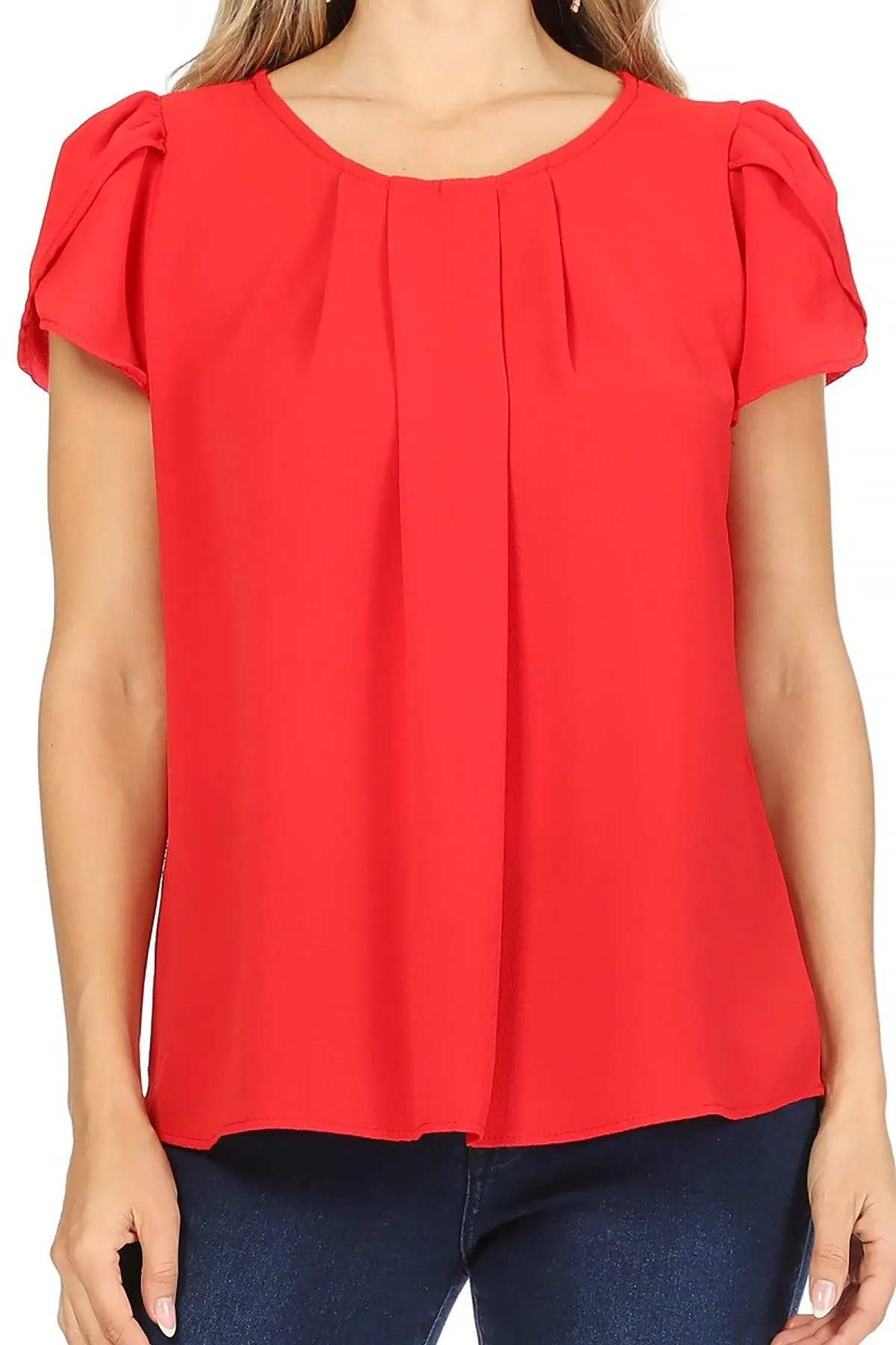 Women's Casual Solid Pleated Front Petal Cap Sleeve Round Neck Blouse