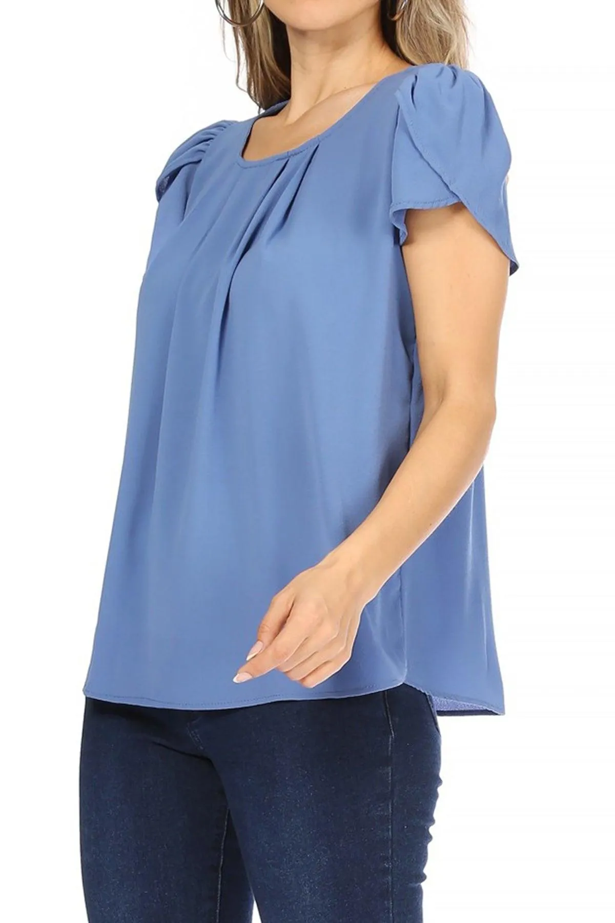 Women's Casual Solid Pleated Front Petal Cap Sleeve Round Neck Blouse