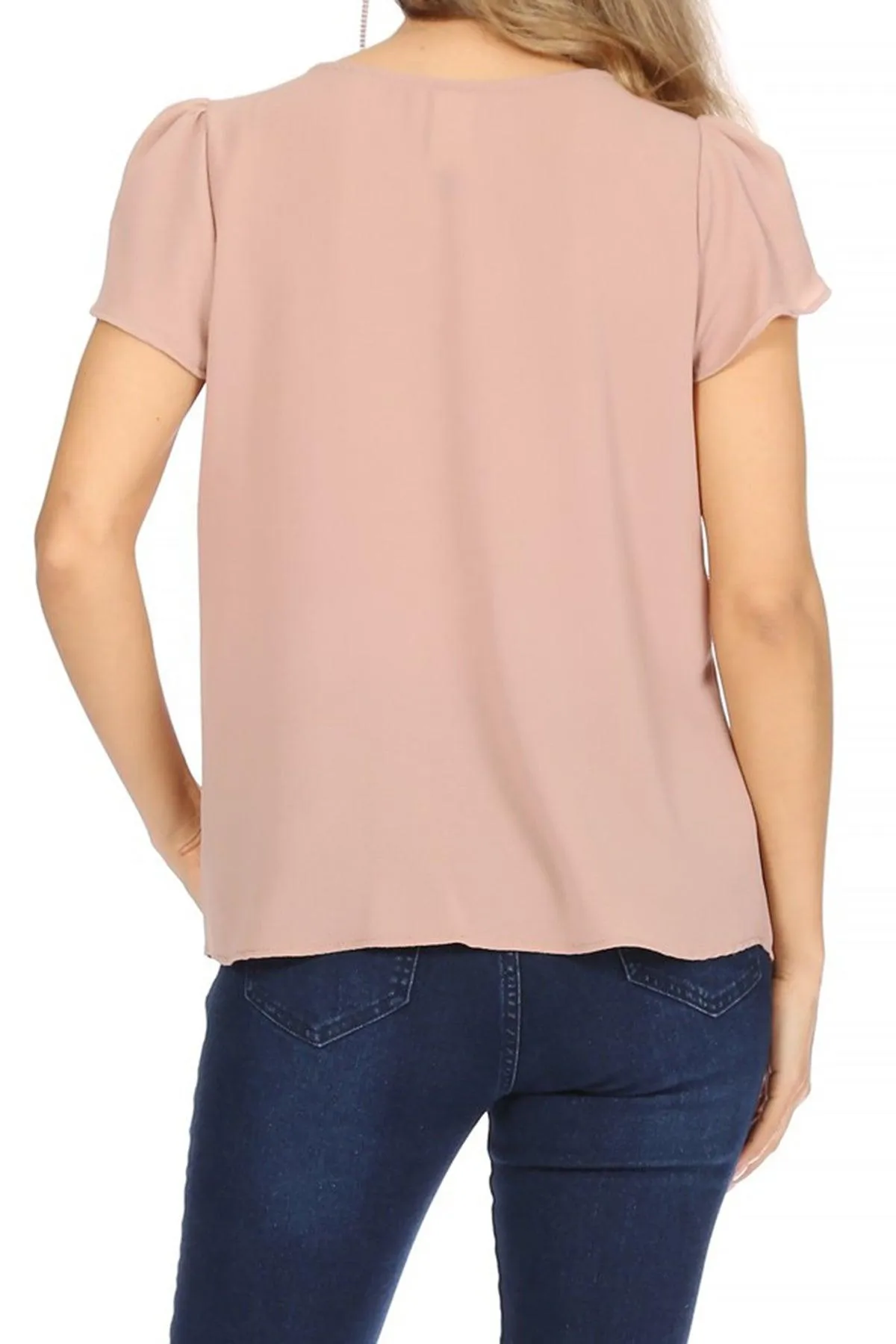 Women's Casual Solid Pleated Front Petal Cap Sleeve Round Neck Blouse