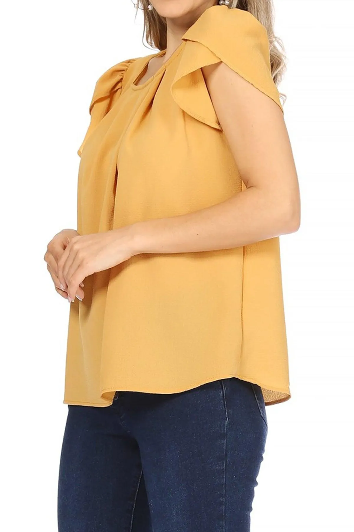 Women's Casual Solid Pleated Front Petal Cap Sleeve Round Neck Blouse