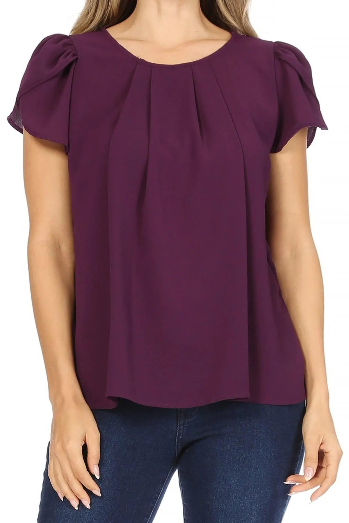 Women's Casual Solid Pleated Front Petal Cap Sleeve Round Neck Blouse