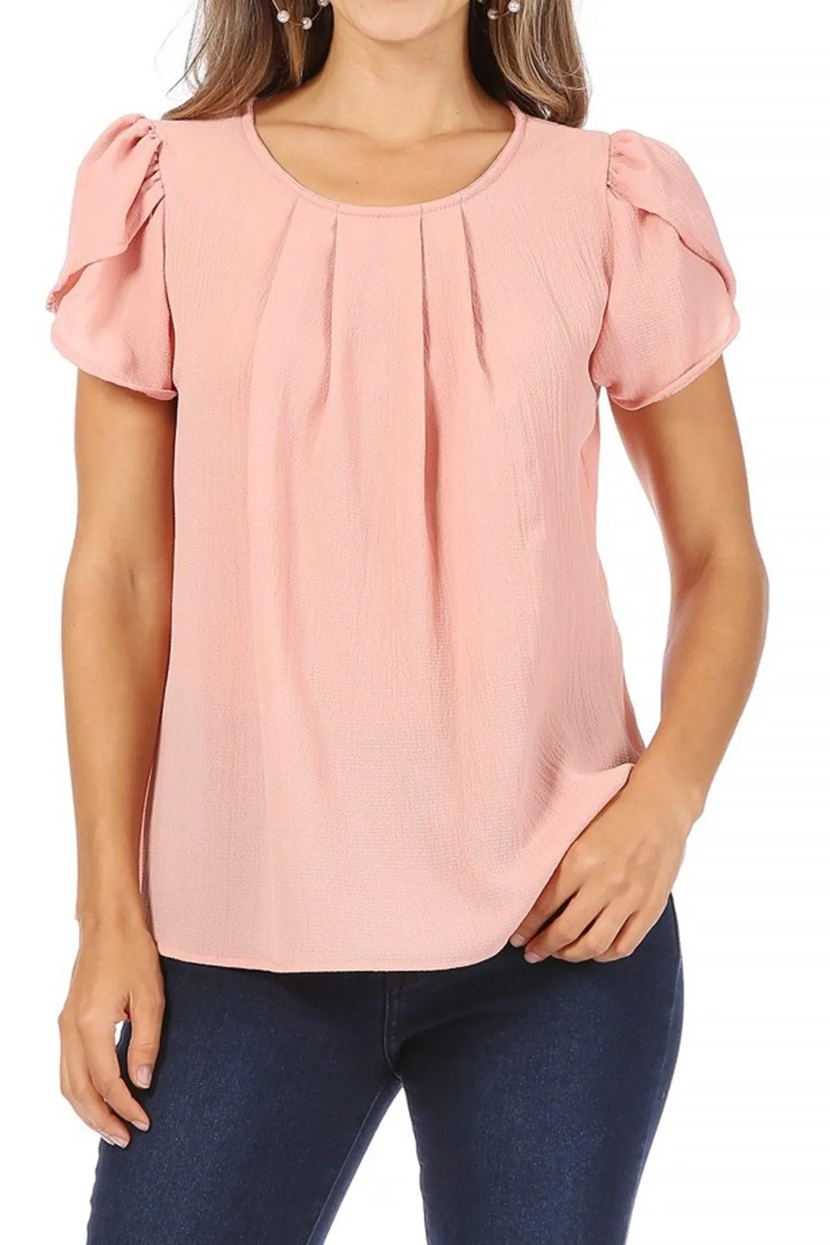 Women's Casual Solid Pleated Front Petal Cap Sleeve Round Neck Blouse