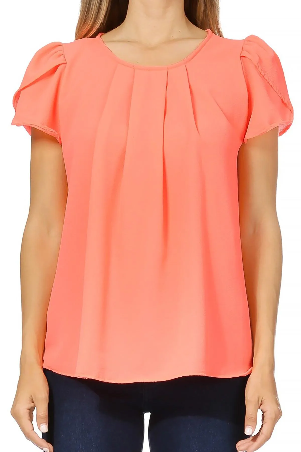 Women's Casual Solid Pleated Front Petal Cap Sleeve Round Neck Blouse