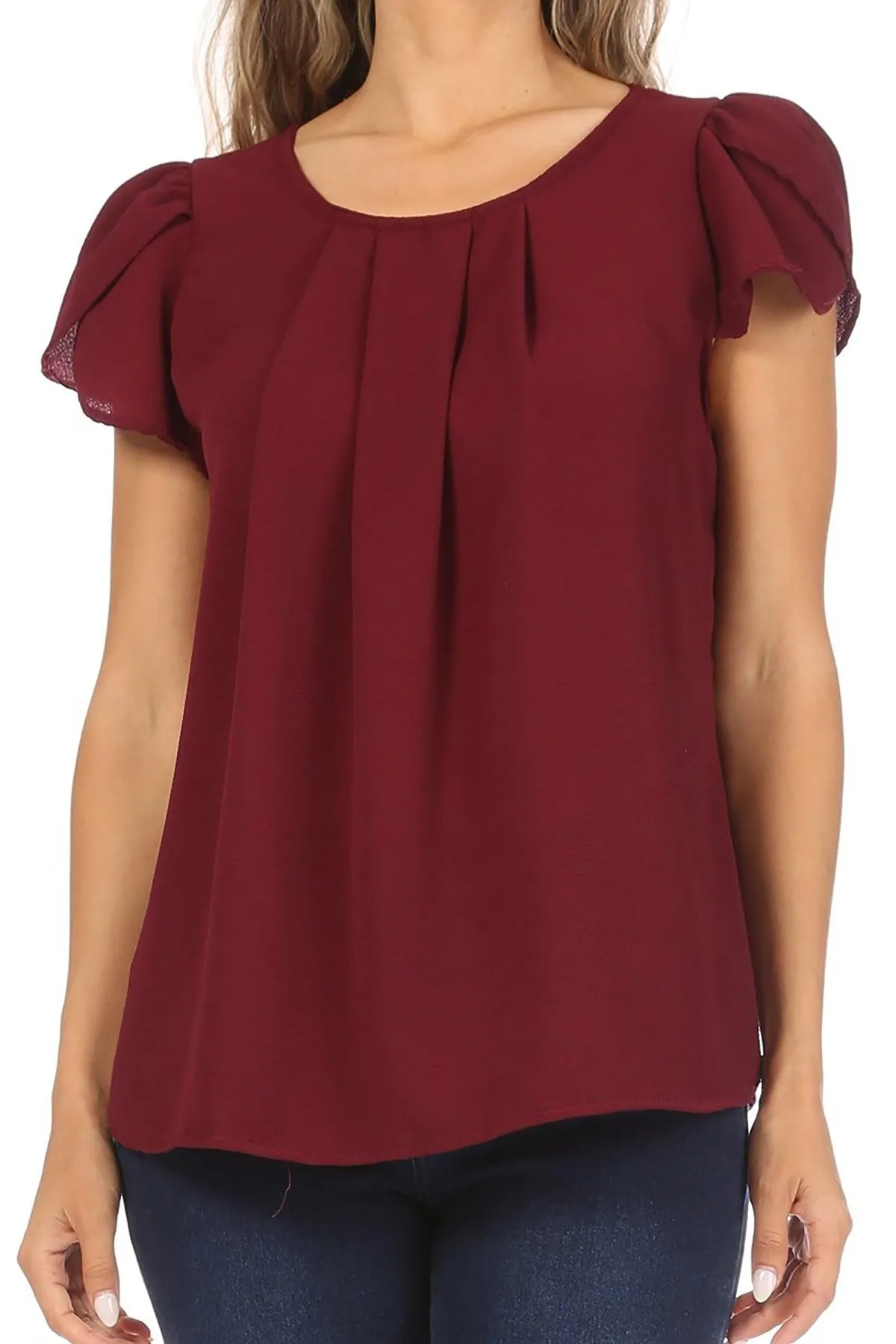 Women's Casual Solid Pleated Front Petal Cap Sleeve Round Neck Blouse