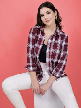 Women's Maroon Check Cotton Shirt