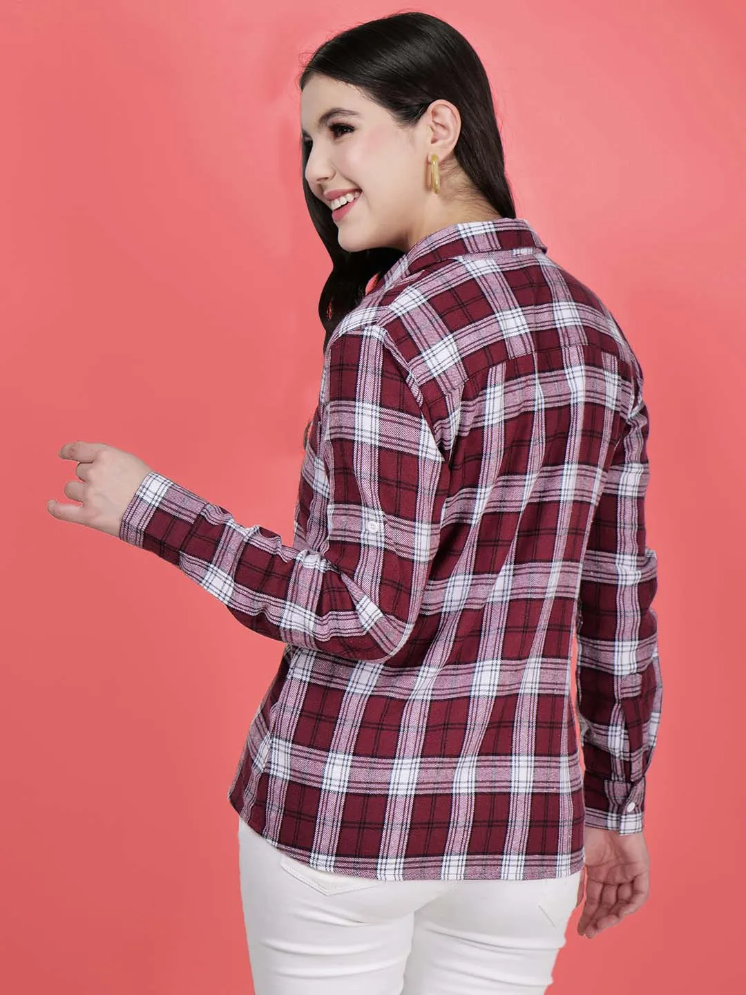 Women's Maroon Check Cotton Shirt