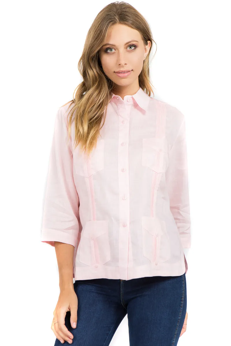 Women's Traditional Guayabera Shirt Premium 100% Linen 3/4 Sleeves XS-3X