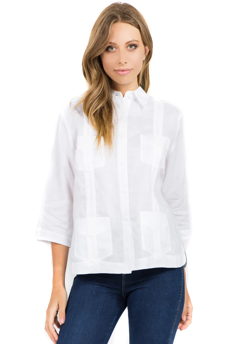 Women's Traditional Guayabera Shirt Premium 100% Linen 3/4 Sleeves XS-3X