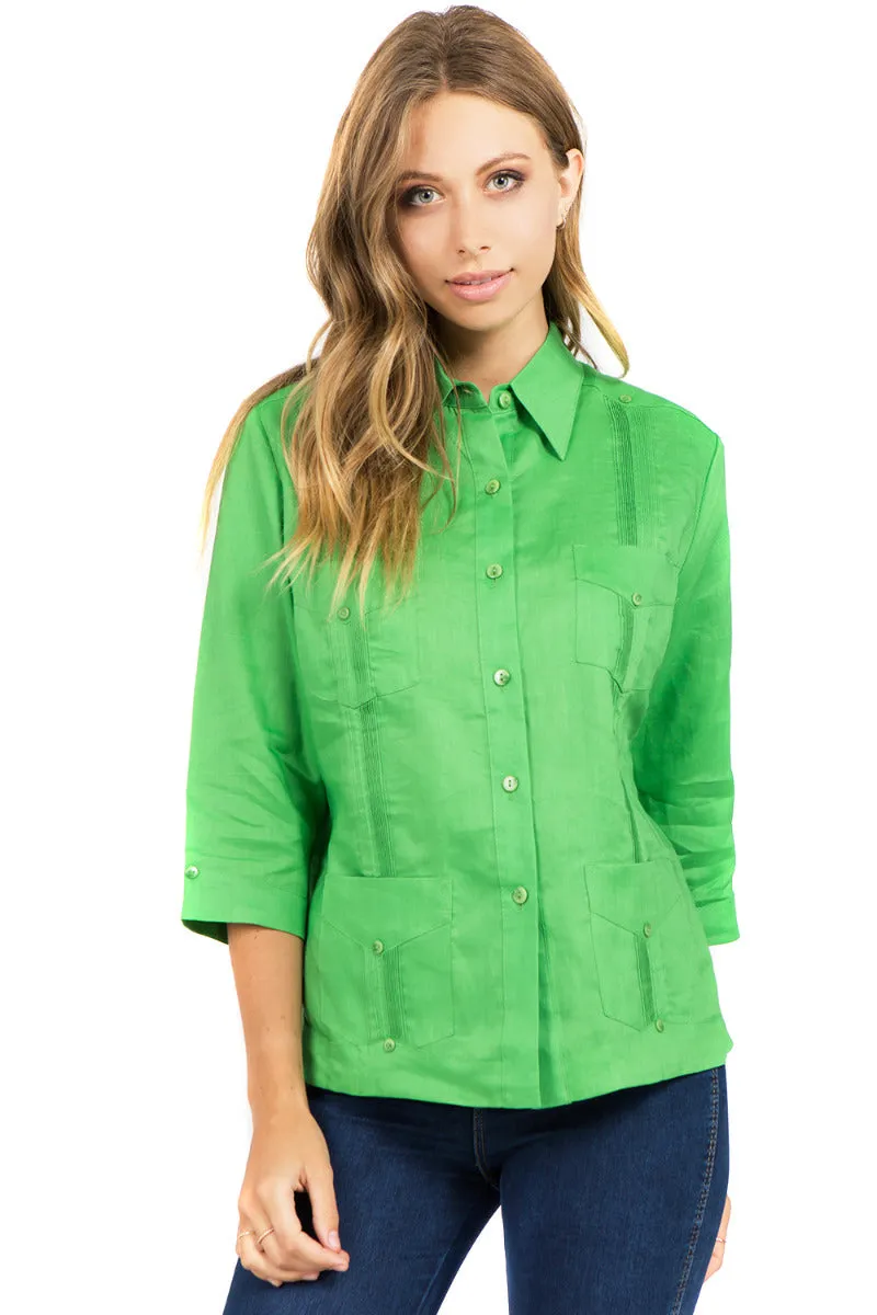 Women's Traditional Guayabera Shirt Premium 100% Linen 3/4 Sleeves XS-3X