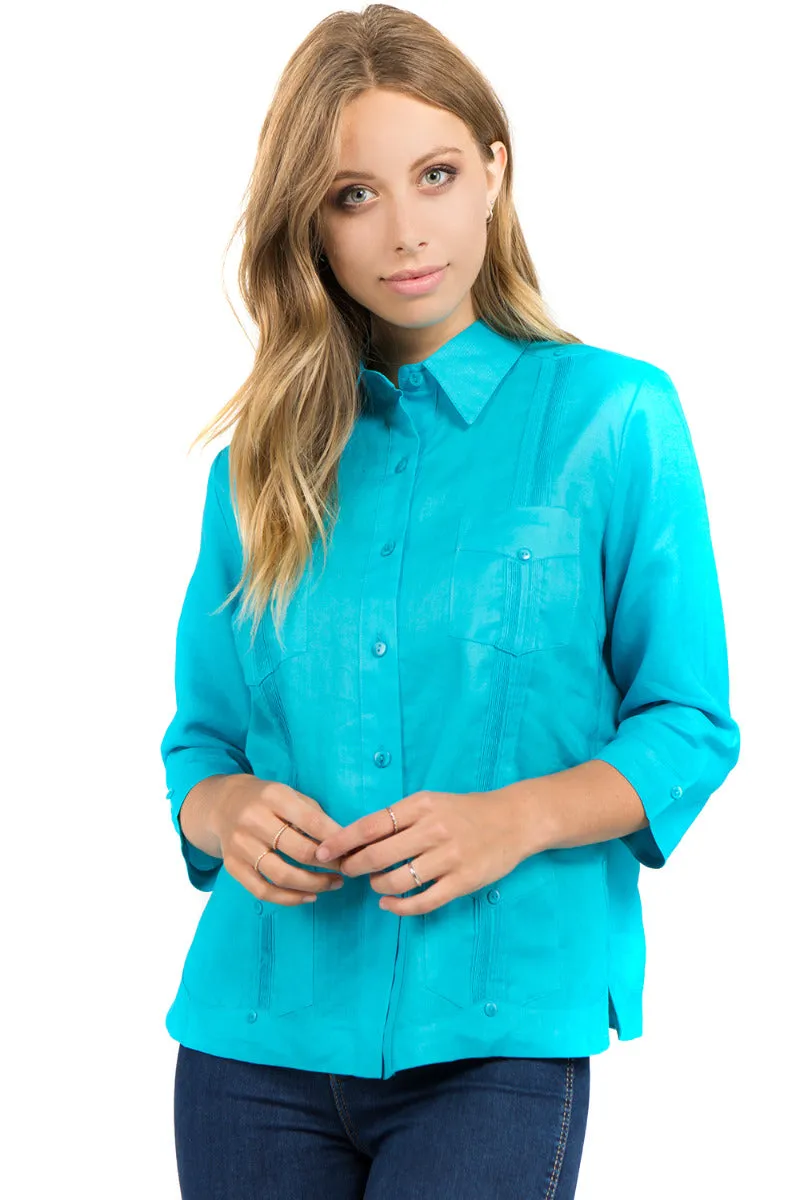 Women's Traditional Guayabera Shirt Premium 100% Linen 3/4 Sleeves XS-3X