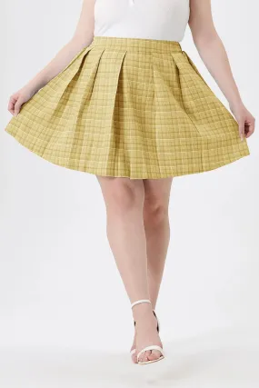 Yellow Colorblock Pleated Plaid Side Zipper Elasticated Waist Skirt