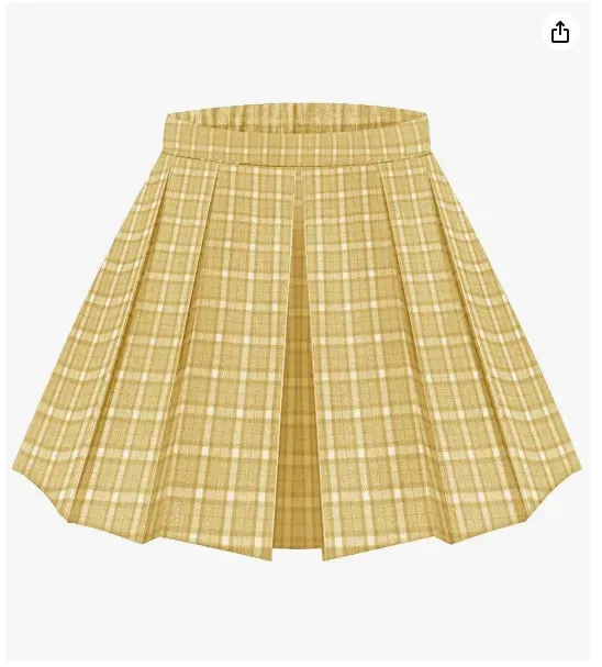 Yellow Colorblock Pleated Plaid Side Zipper Elasticated Waist Skirt